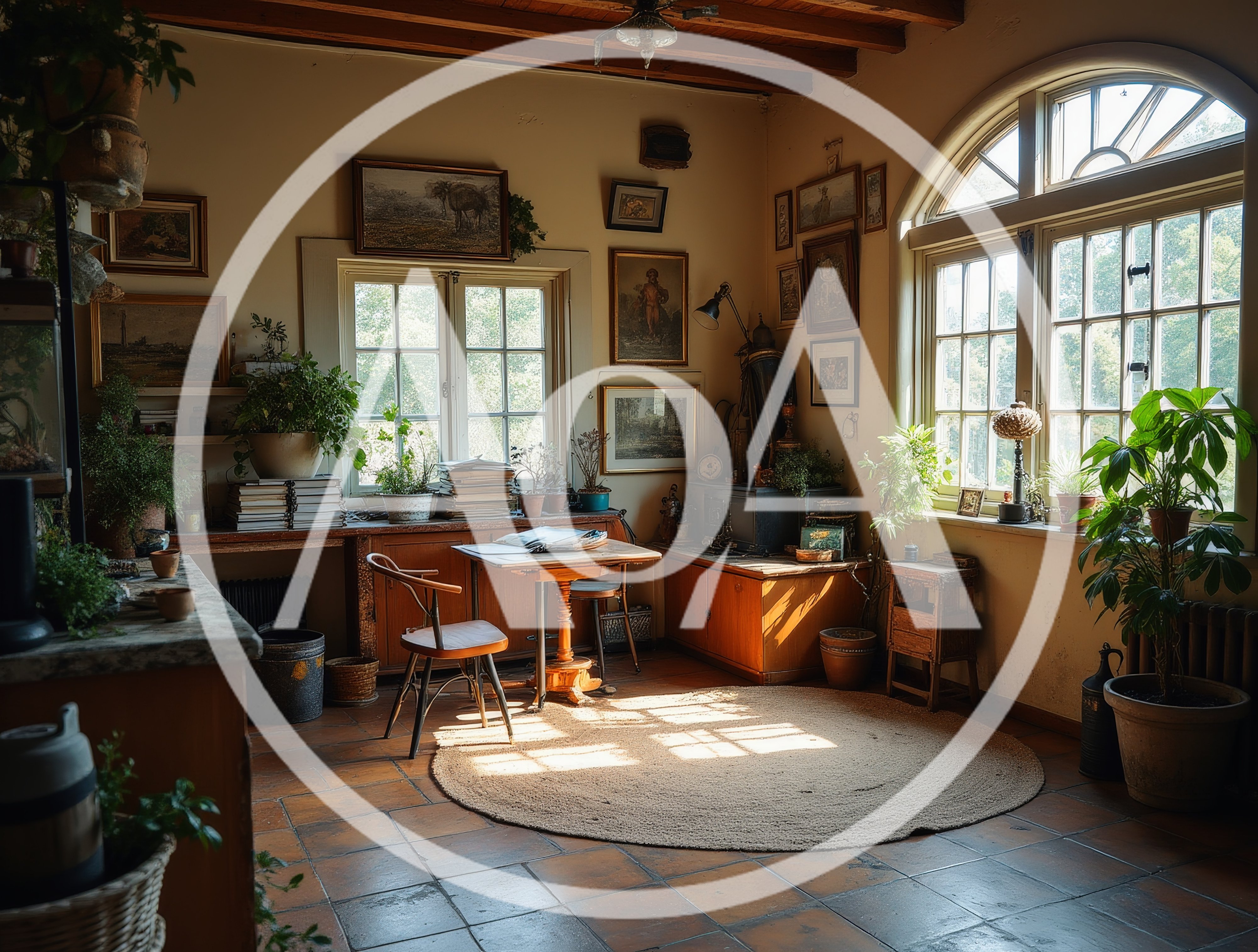 Sunlit Vintage Study Room With Potted Plants