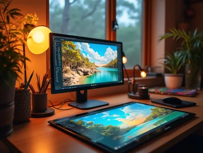 Digital Artist Workspace With Dual Monitor Setup
