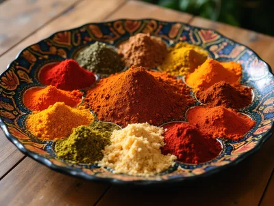 Assorted Colorful Spices Arranged On A Decorative Plate