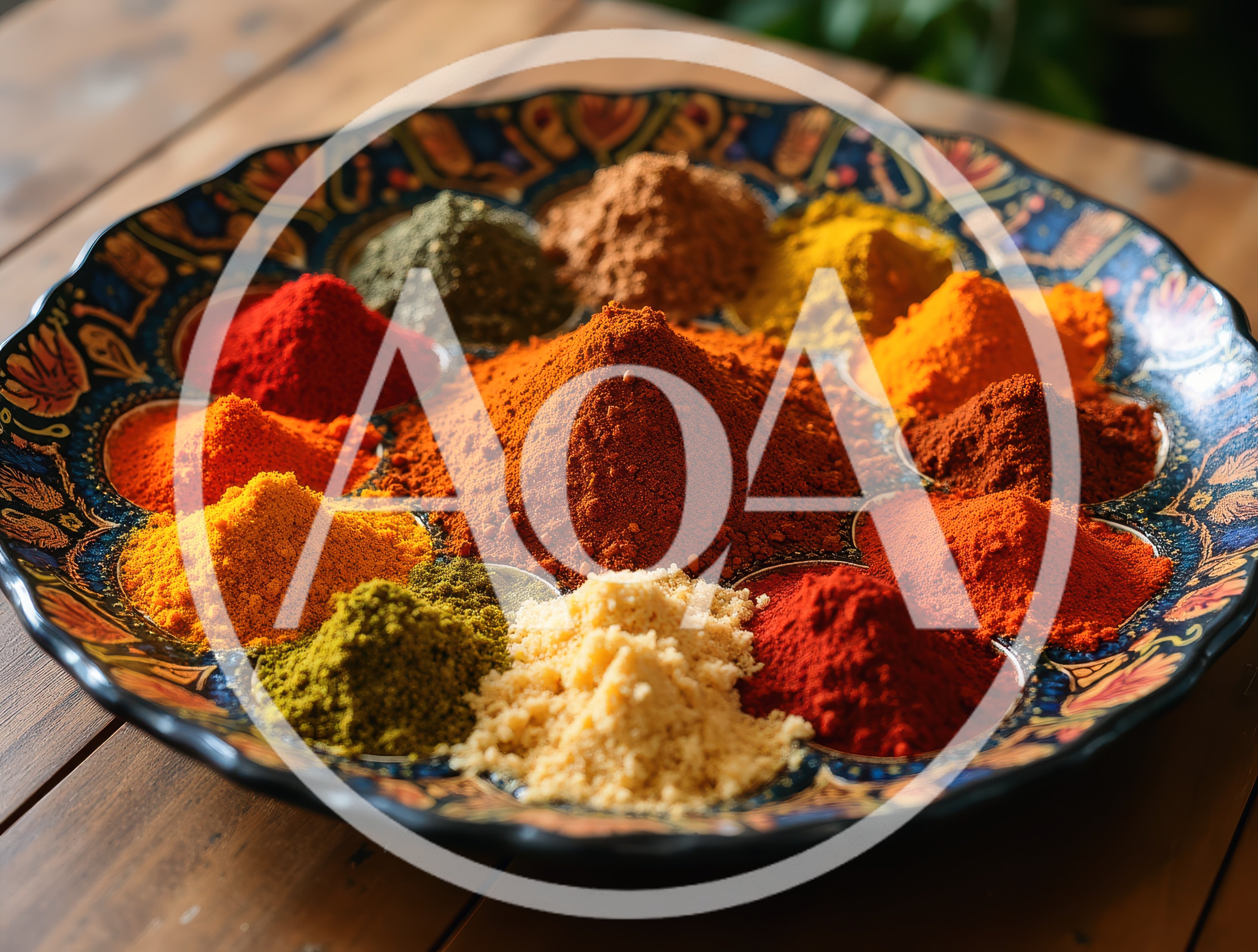 Assorted Colorful Spices Arranged On A Decorative Plate
