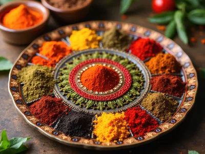 Assorted Colorful Spices Arranged On A Decorative Metal Tray