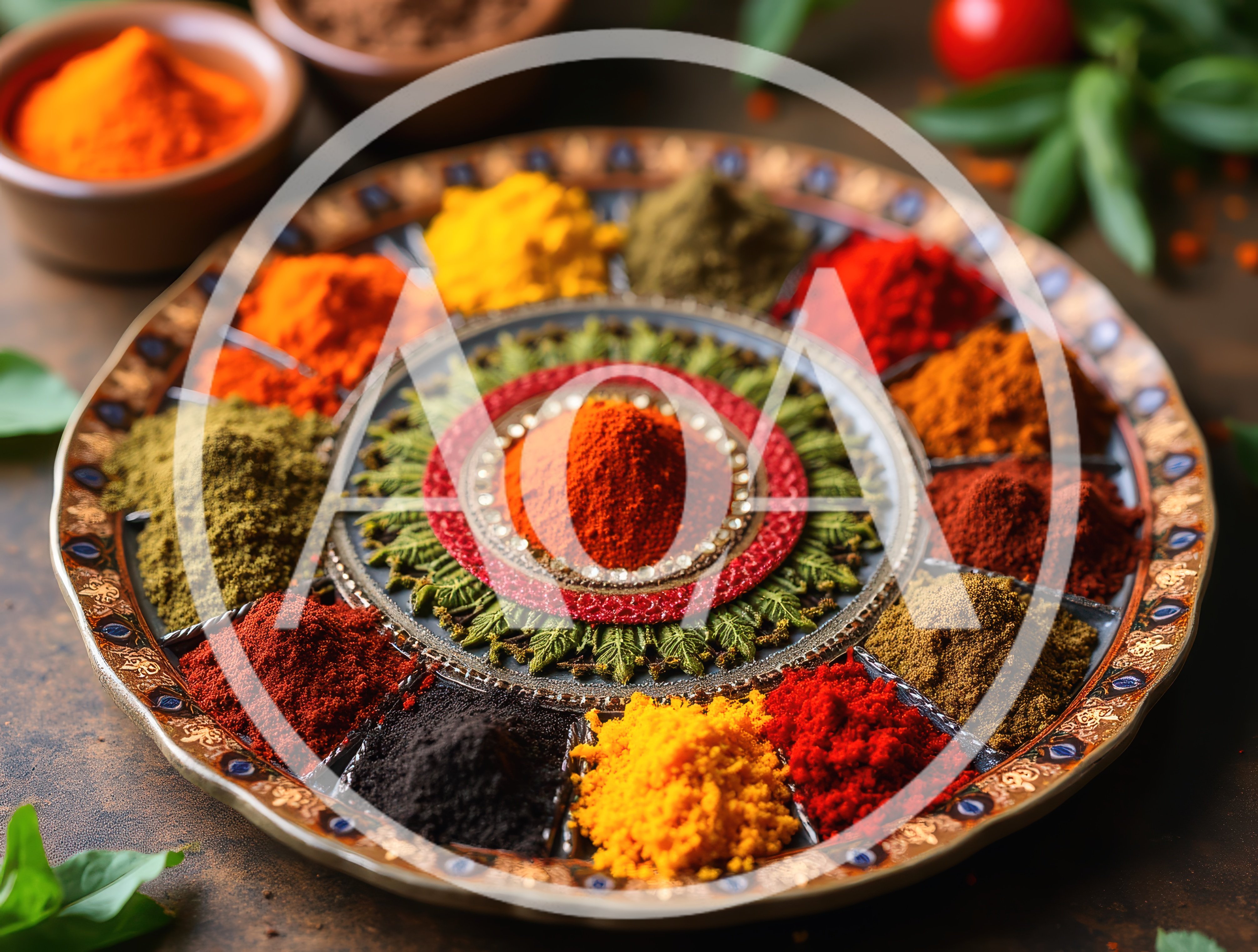 Assorted Colorful Spices Arranged On A Decorative Metal Tray