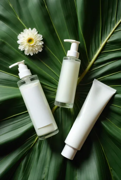 Skincare Product Bottles and Flower on Tropical Leaf