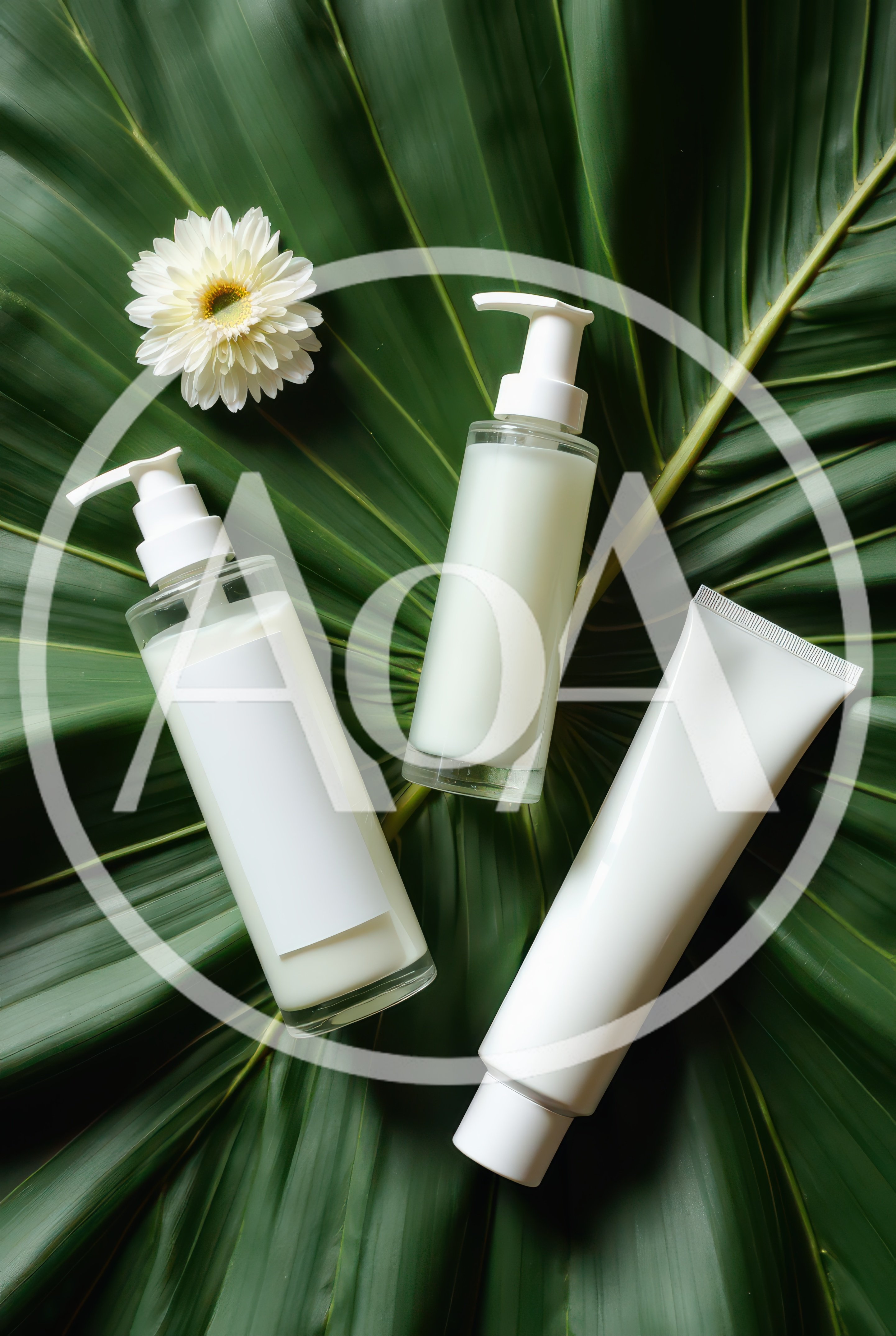 Skincare Product Bottles and Flower on Tropical Leaf