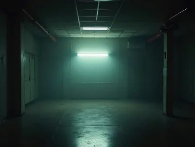 Dimly Lit Industrial Hallway With Fluorescent Lighting