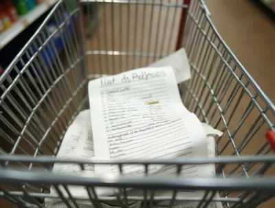 Shopping List Inside A Metal Grocery Cart