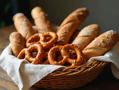 Freshly Baked Bread And Pretzels In A Wicker Basket