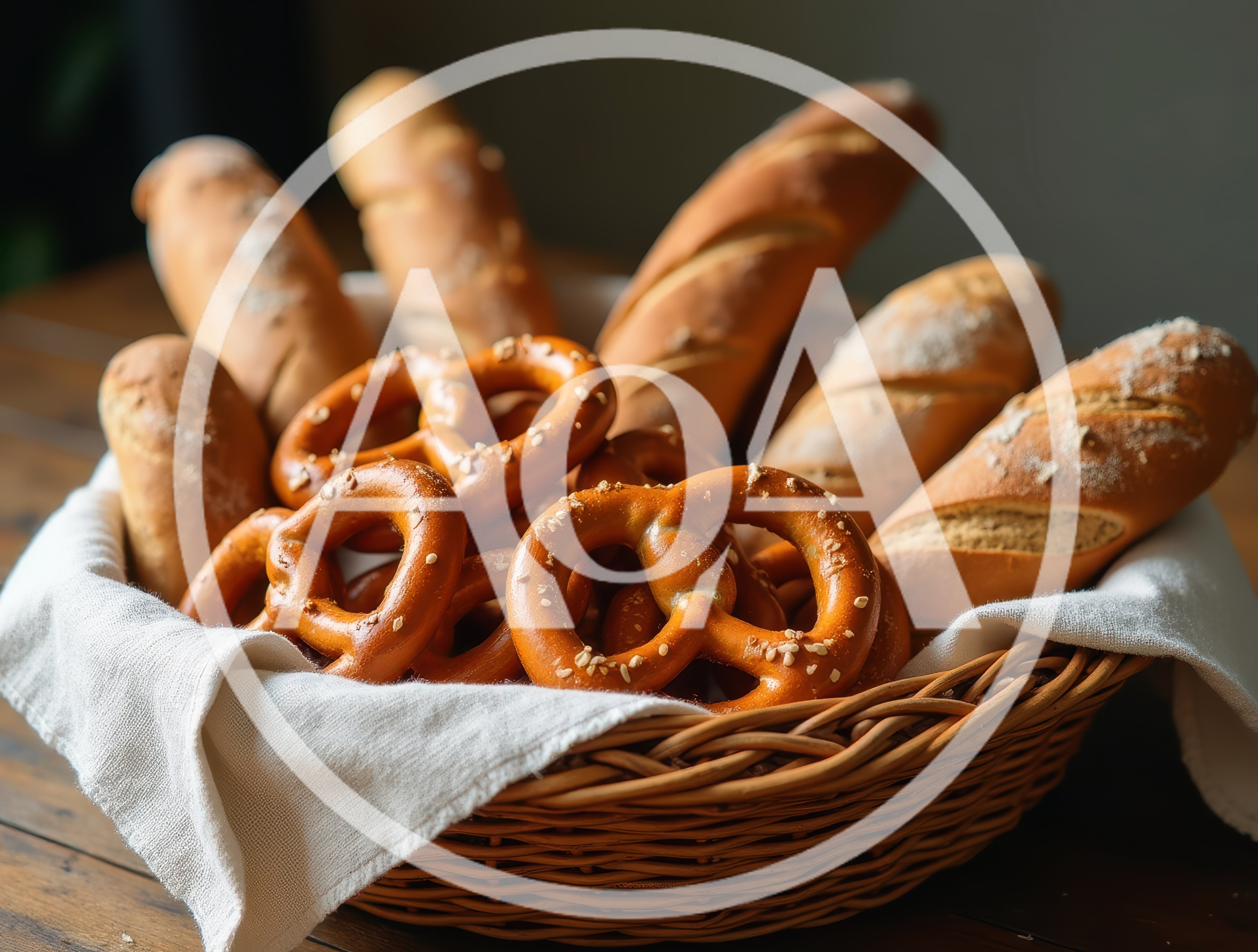 Freshly Baked Bread And Pretzels In A Wicker Basket