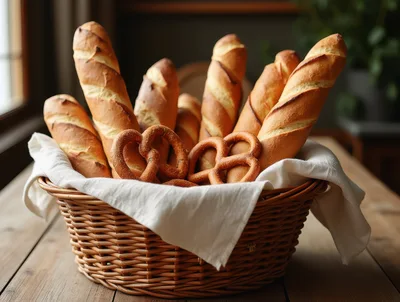 Freshly Baked Baguettes and Pretzels in a Wicker Basket
