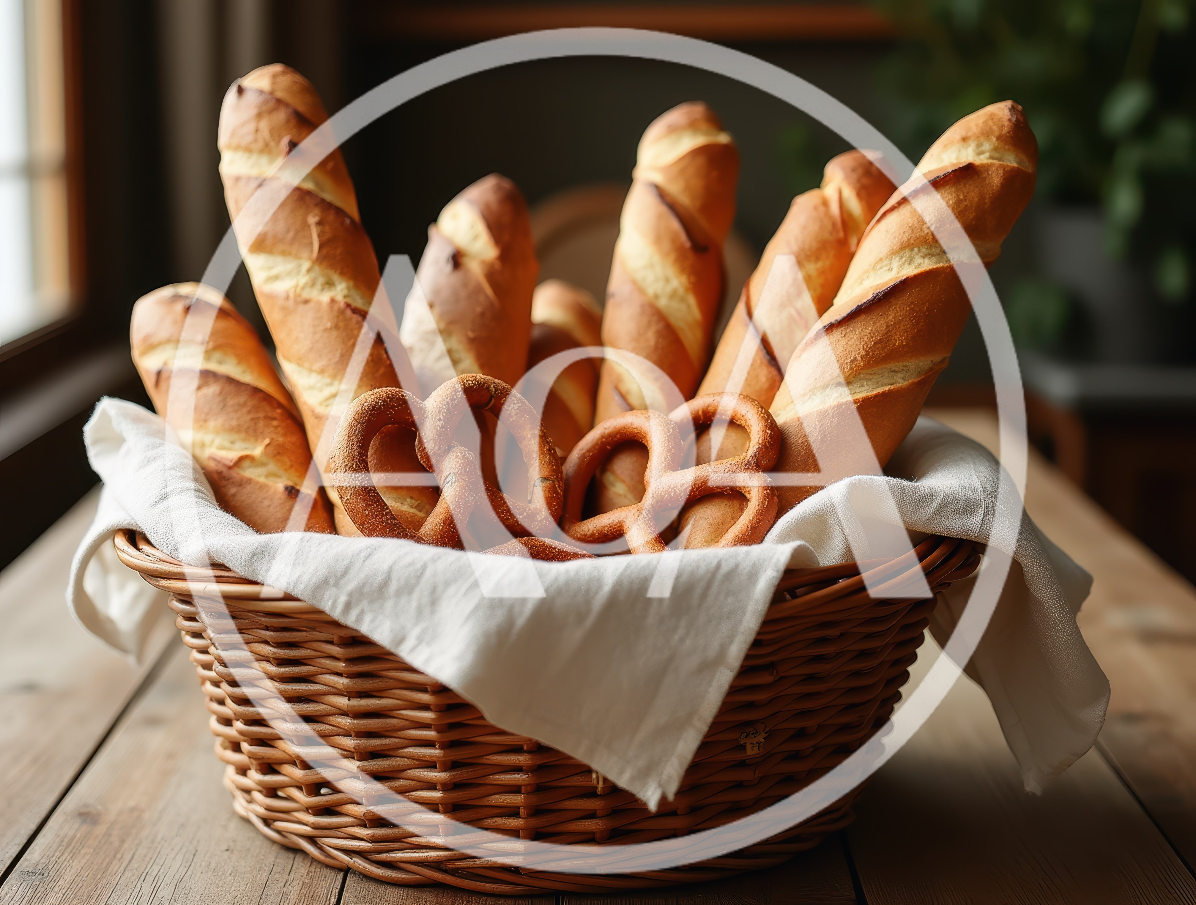 Freshly Baked Baguettes and Pretzels in a Wicker Basket