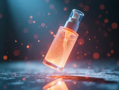 Floating Skincare Serum Bottle With Glowing Particles