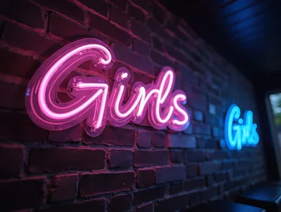 Pink And Blue Neon Girls Signs On Brick Wall