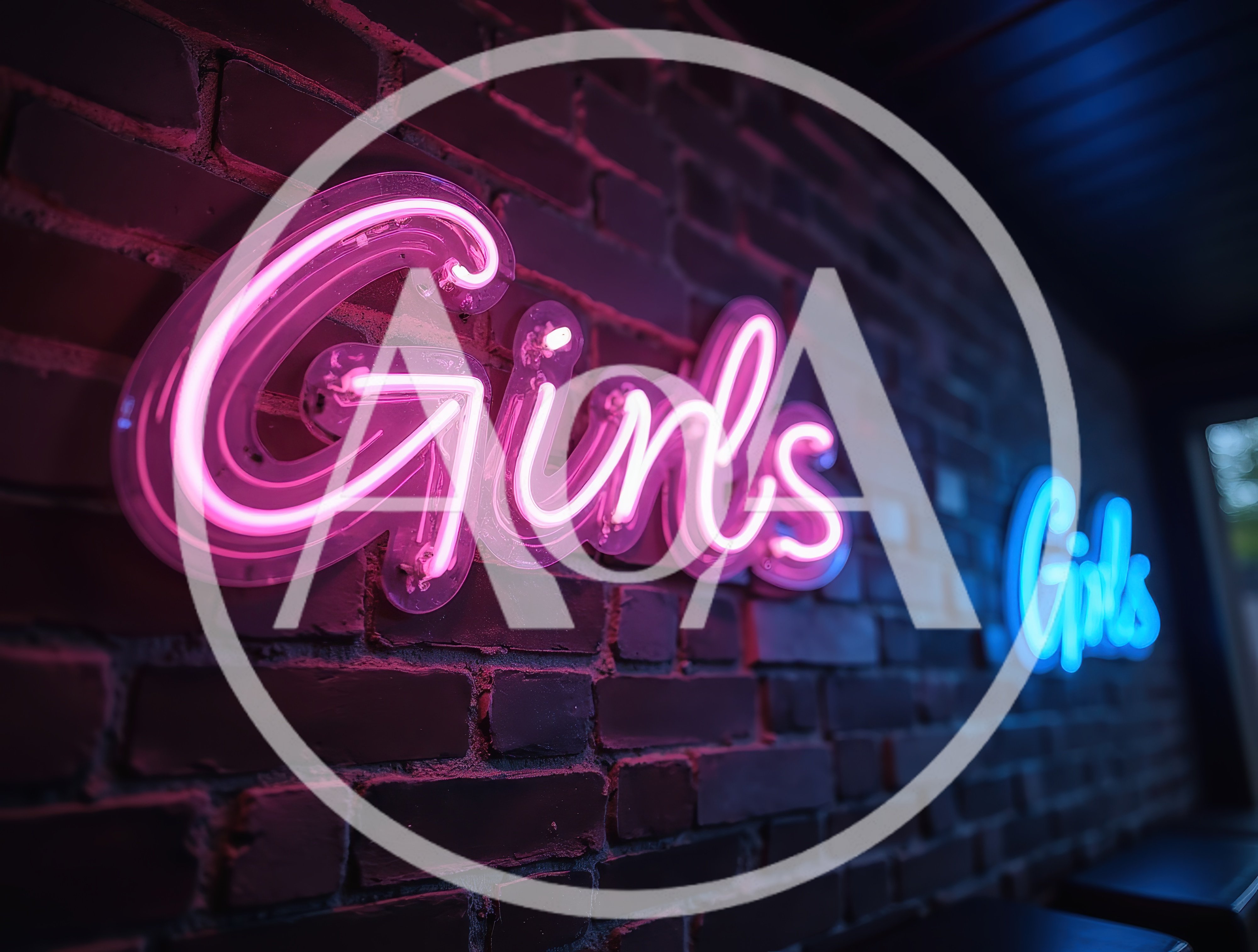 Pink And Blue Neon Girls Signs On Brick Wall