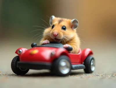 Cute Hamster Driving A Small Red Toy Car