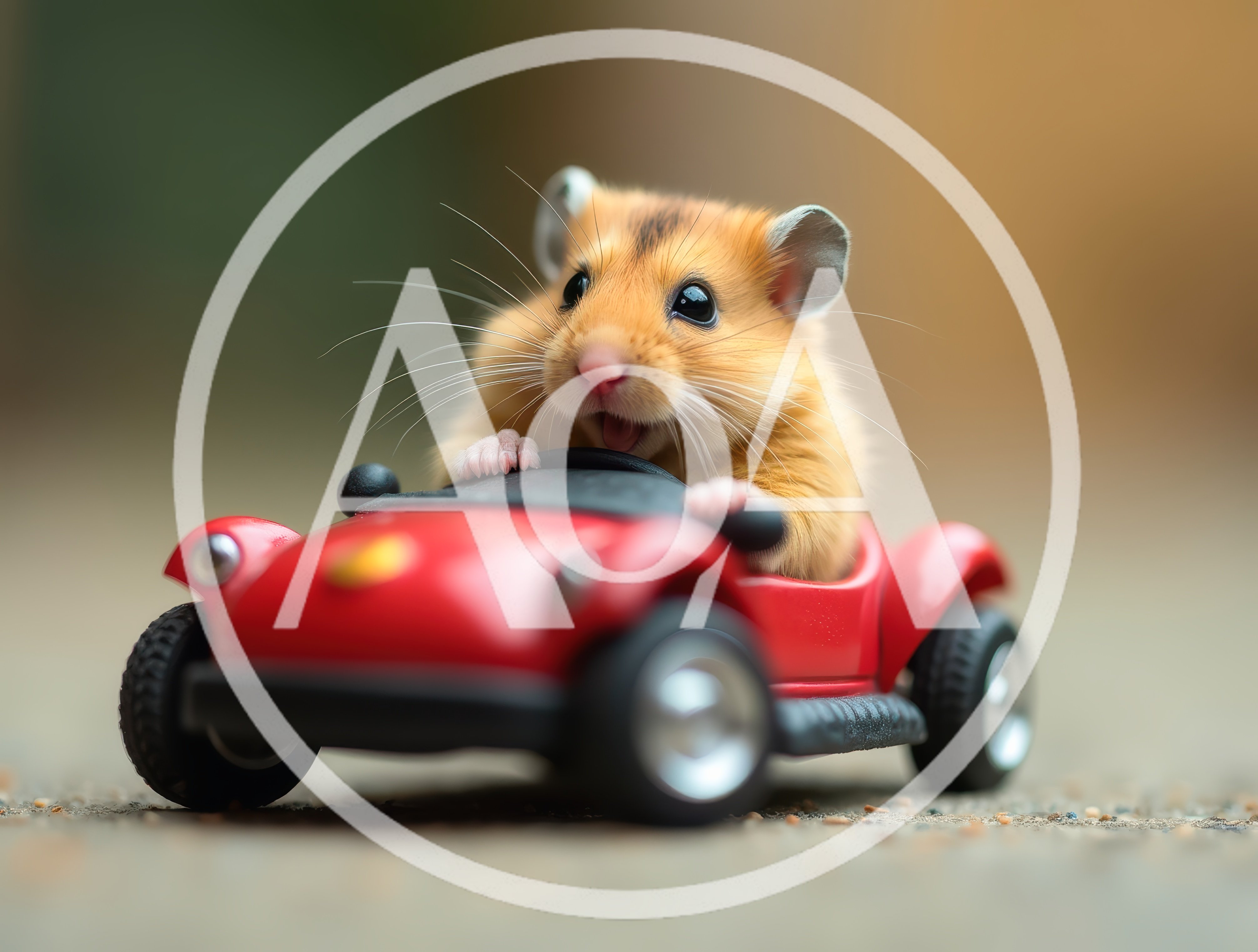 Cute Hamster Driving A Small Red Toy Car