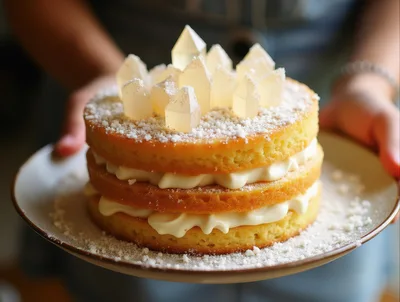 Person Holding A Layered Crystal Topped Cake