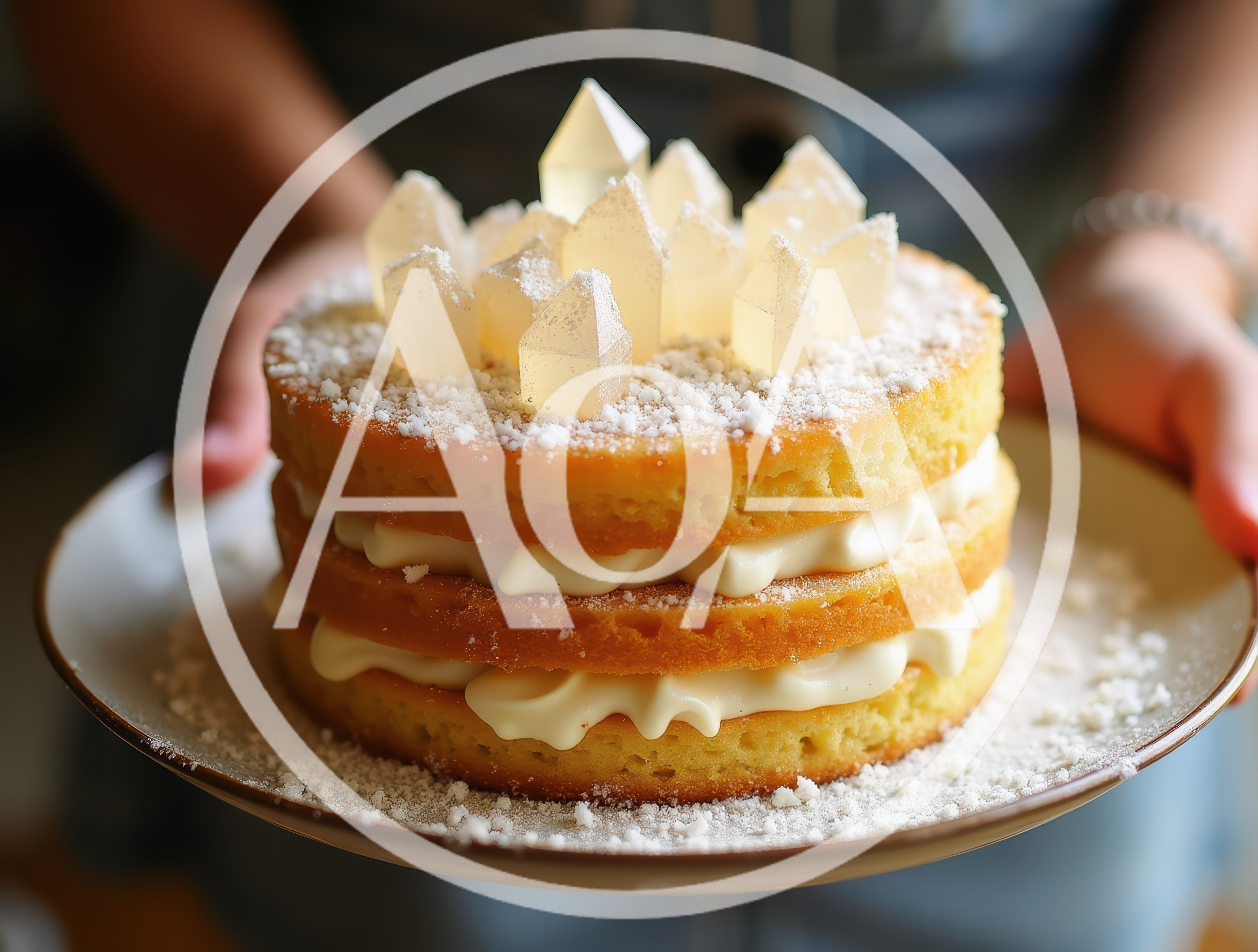 Person Holding A Layered Crystal Topped Cake