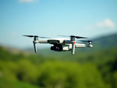 White Drone Hovering Over Lush Green Landscape