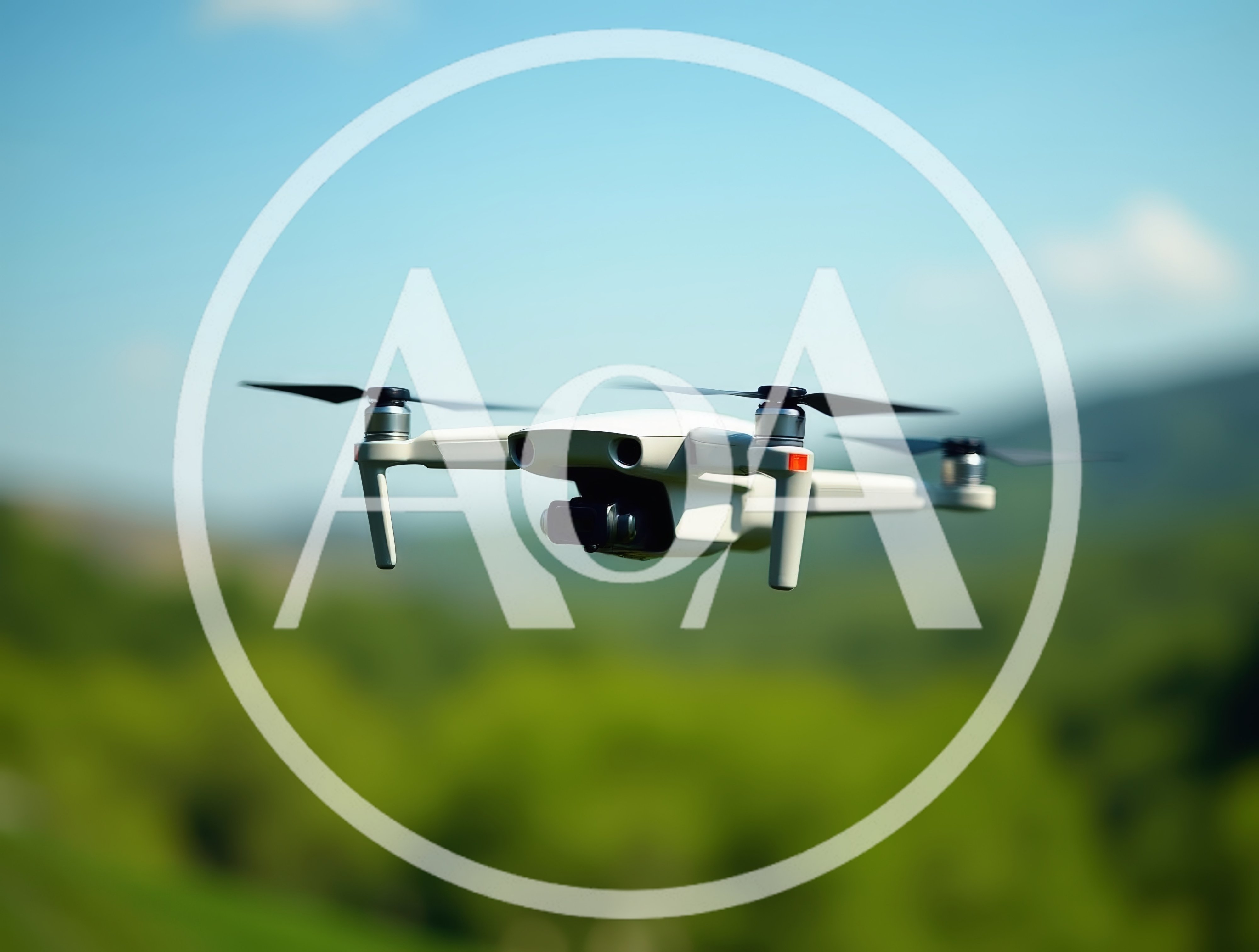 White Drone Hovering Over Lush Green Landscape