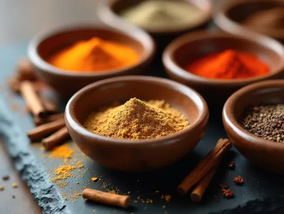 Assorted Spices in Clay Bowls on Slate
