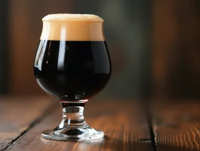 Glass Of Dark Stout Beer On Wooden Table