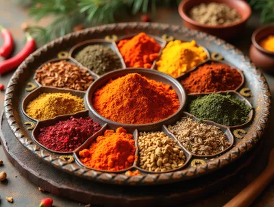 Assorted Spices Arranged In A Decorative Circular Tray