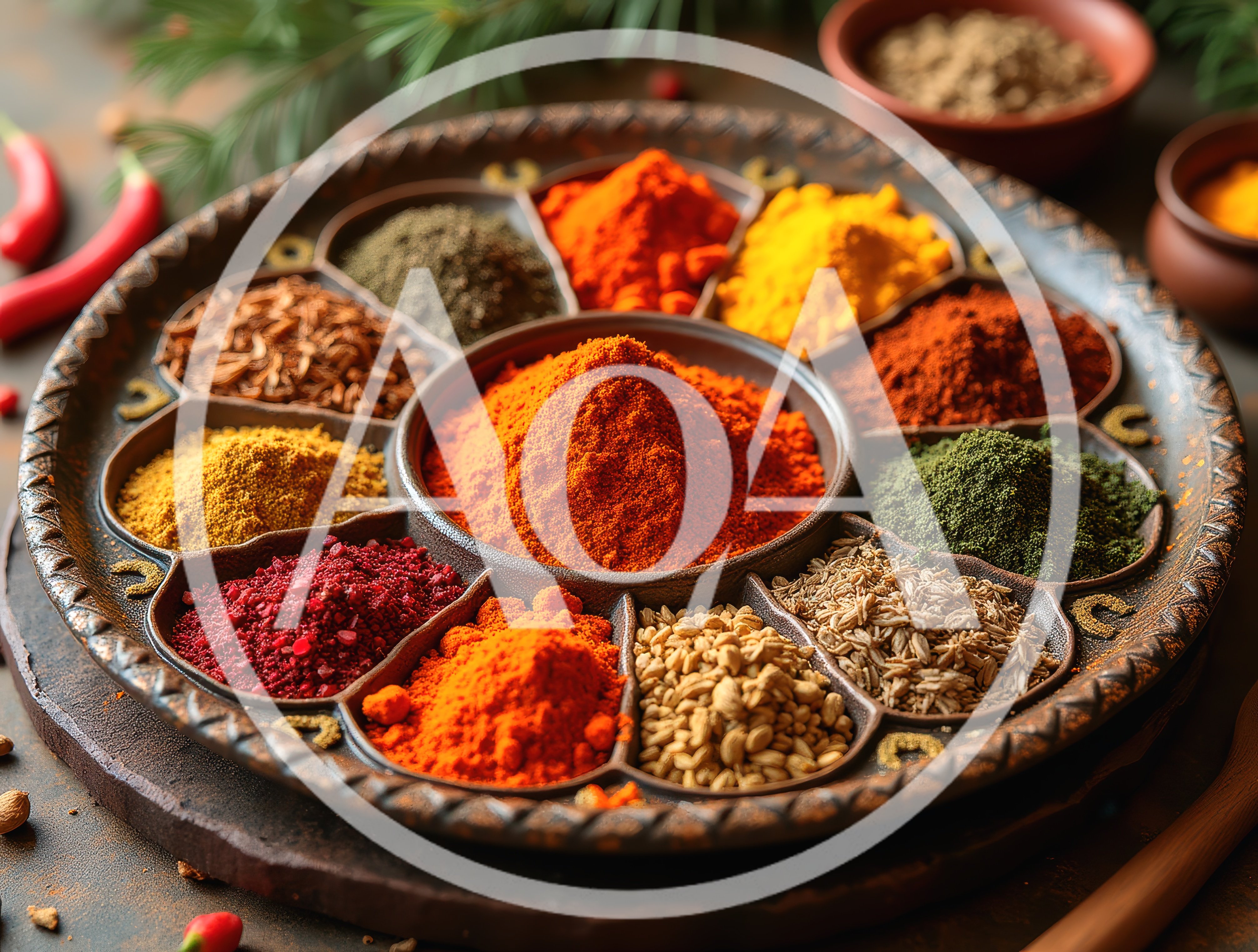 Assorted Spices Arranged In A Decorative Circular Tray