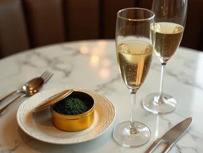 Caviar Tin and Champagne Flutes on Marble Table