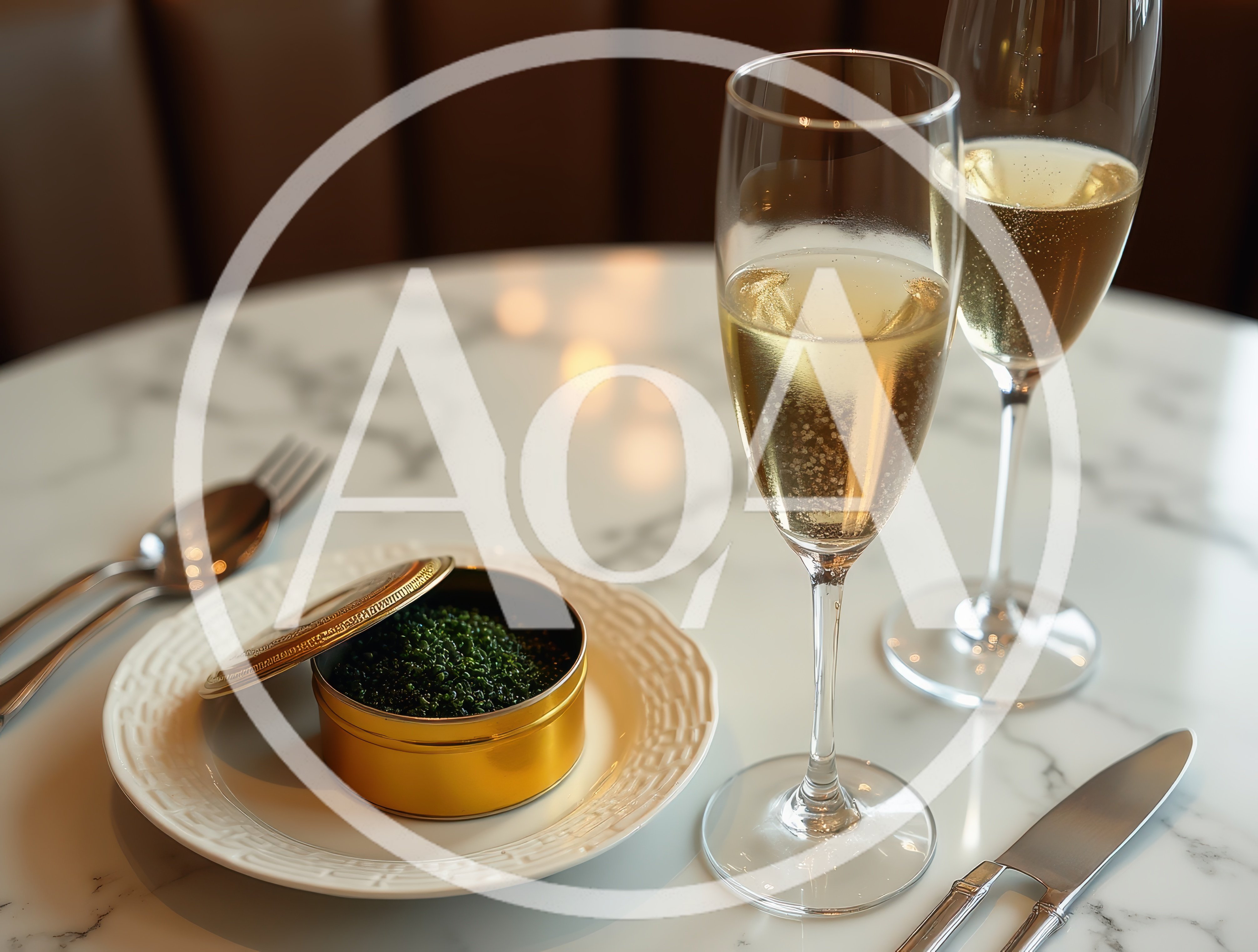 Caviar Tin and Champagne Flutes on Marble Table