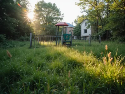 Abandoned Playground In Overgrown Grassy Field At Sunset