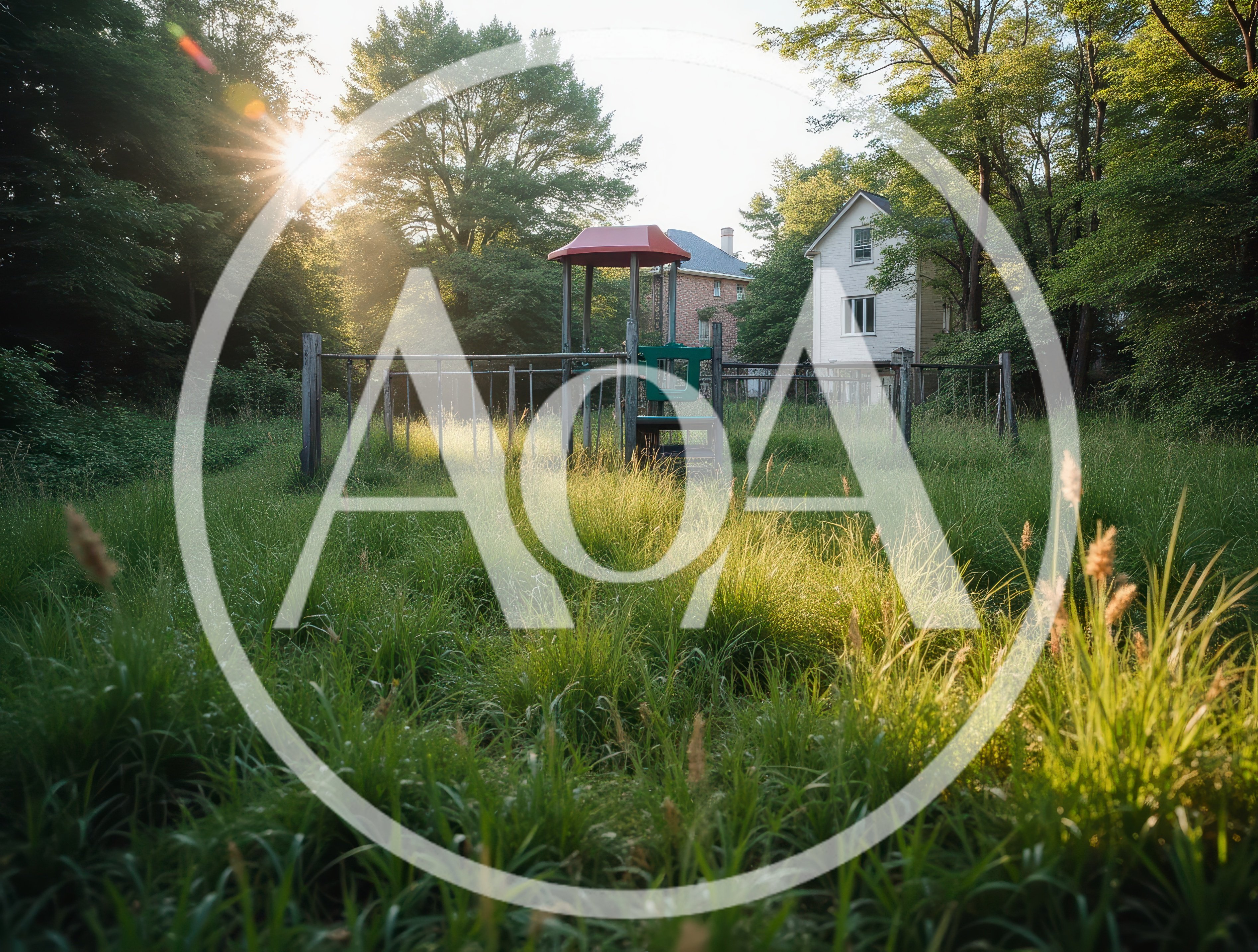 Abandoned Playground In Overgrown Grassy Field At Sunset