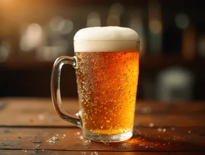 Cold Glass Mug Of Golden Beer On Wooden Table