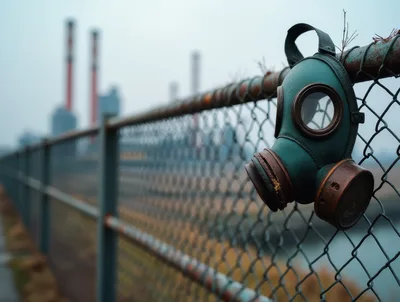 Gas Mask Hanging on Industrial Chain Link Fence