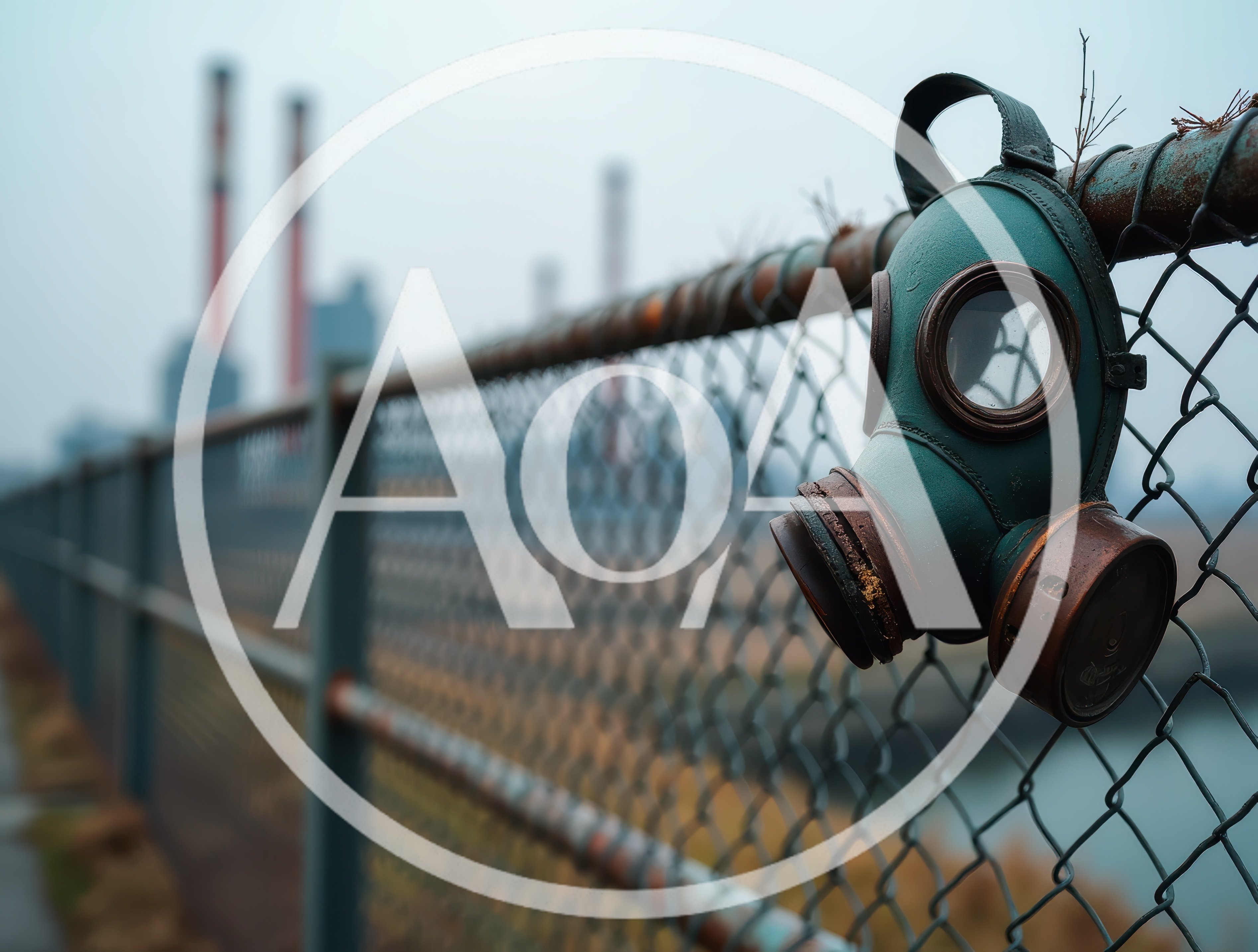 Gas Mask Hanging on Industrial Chain Link Fence