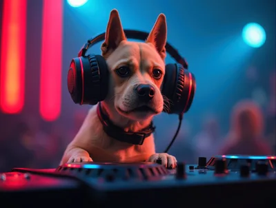 Cute Dog DJ Wearing Headphones At A Nightclub