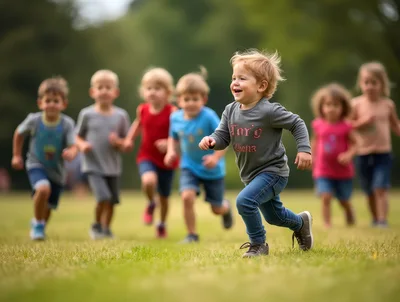 Group of Happy Children Running Together in a Park