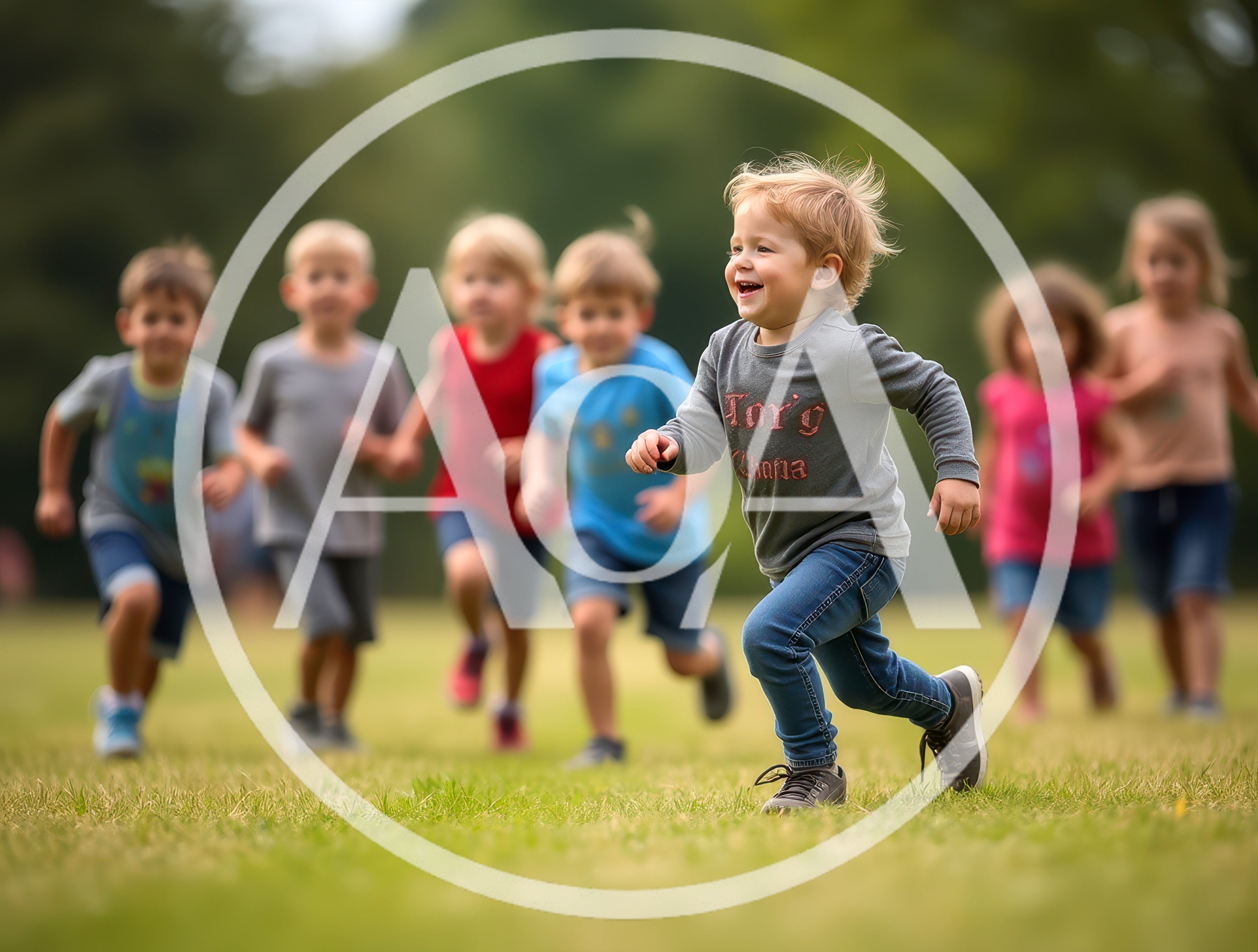 Group of Happy Children Running Together in a Park