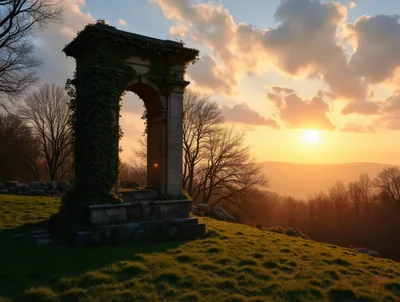 Stone Archway Overlooking A Sunset Landscape