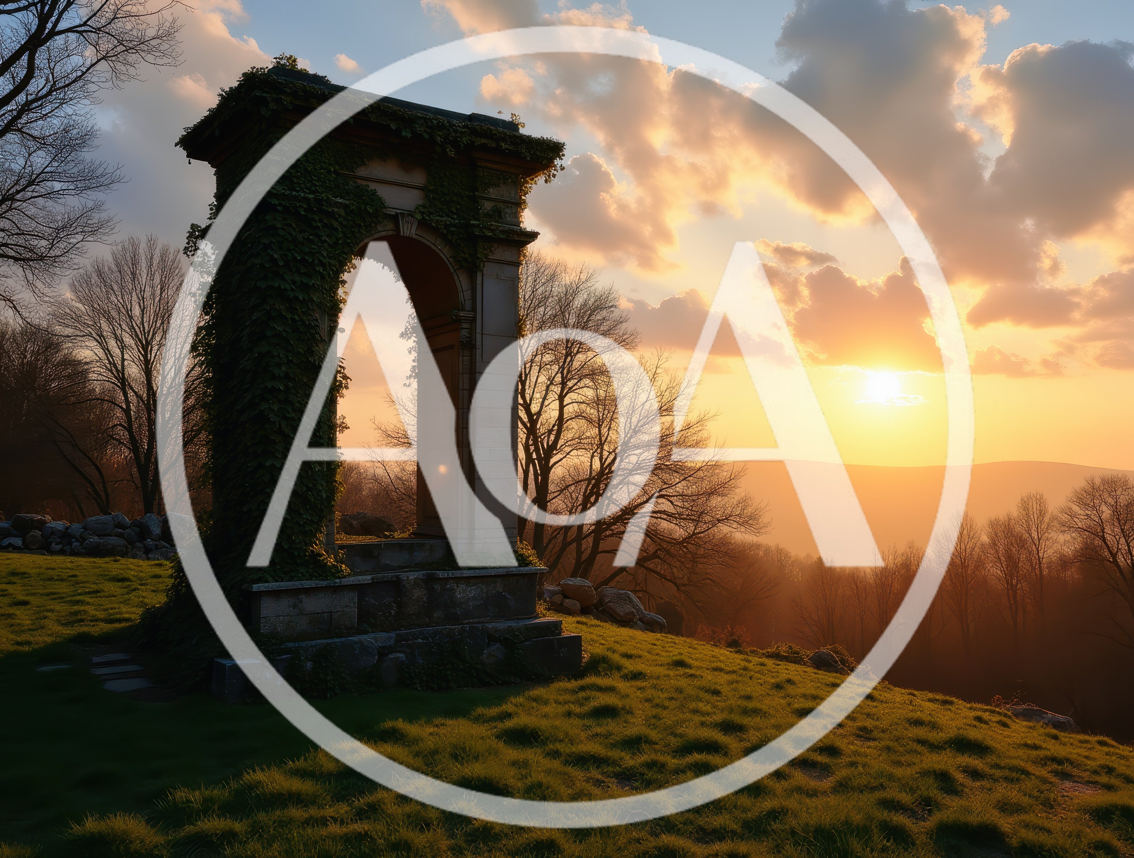 Stone Archway Overlooking A Sunset Landscape