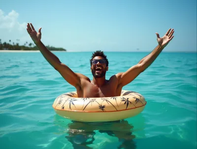 Happy Man Floating In Tropical Ocean With Swim Ring
