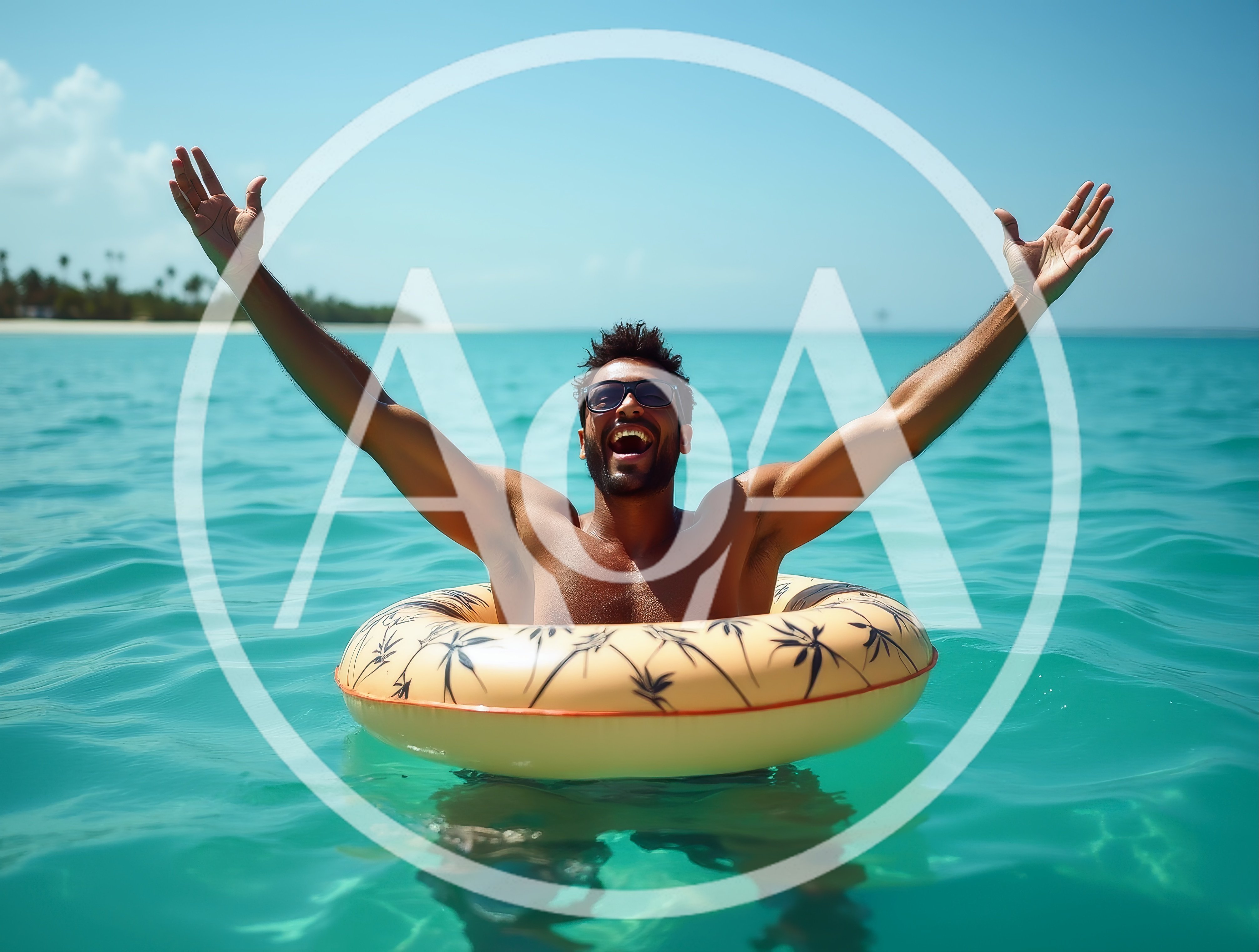 Happy Man Floating In Tropical Ocean With Swim Ring