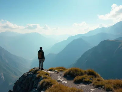Hiker Standing On A Mountain Peak Overlooking A Valley