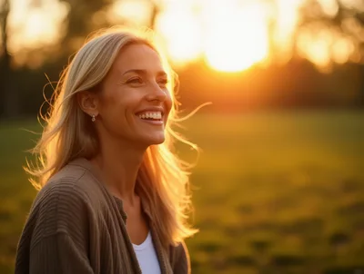 Smiling Blonde Woman Enjoying Golden Hour Outdoors