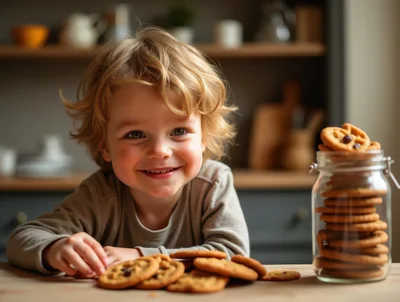 Happy Toddler Boy Eating Cookies In A Kitchen
