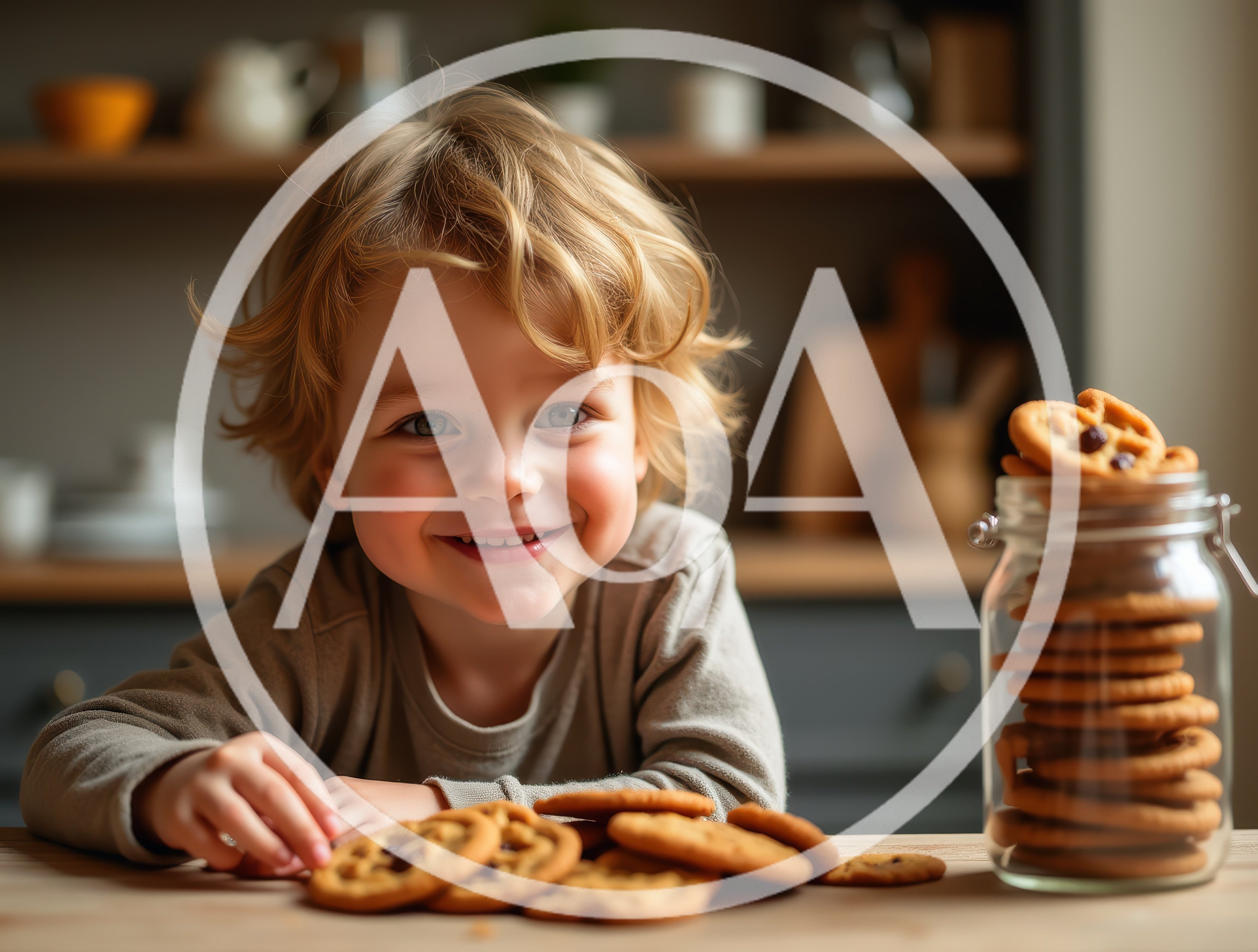 Happy Toddler Boy Eating Cookies In A Kitchen