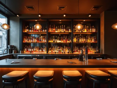 Modern Upscale Bar Interior With Illuminated Liquor Shelves