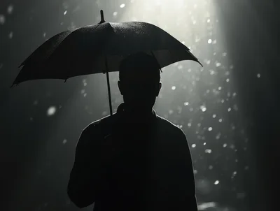 Silhouette Of A Man Holding An Umbrella In Rain