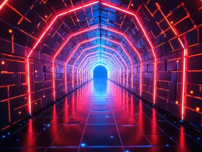 Futuristic Neon Tunnel With Glowing Red And Blue Lights