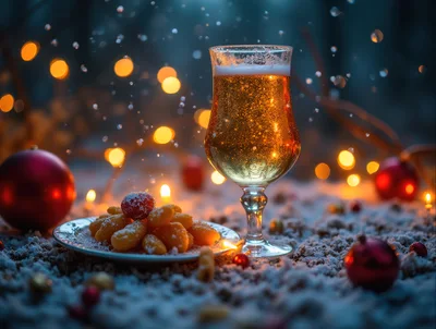 Glass of Golden Beer with Christmas Snacks