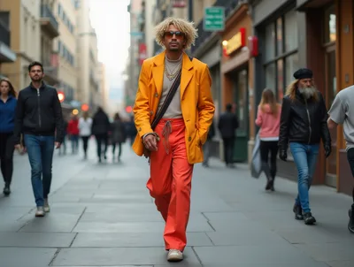 Stylish Man Walking Down A Busy City Street